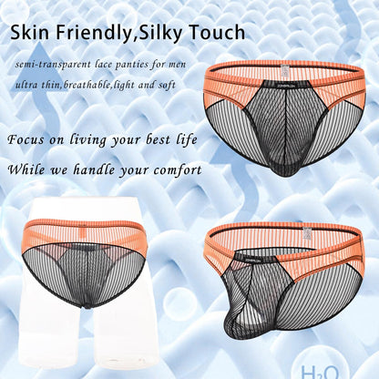 JINSHI Men’s Sheer Mesh Briefs Transparent Bulge Pouch Bikini Underwear See Through Striped Ultra-Thin Sexy Panties XL