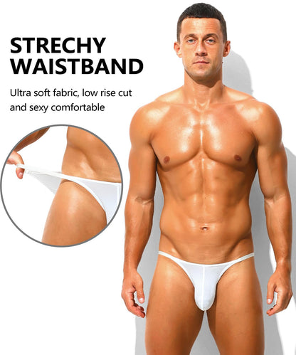Men's See Through Bikini Low Rise Sexy Briefs Mesh Breathable Bulge Pouch Underwear White S