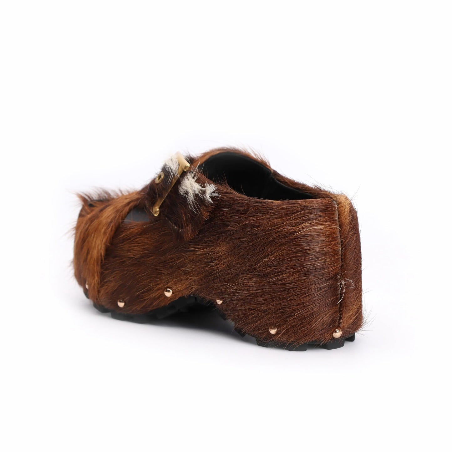 XOBZJH Women's Chunky Cowhide Platform Clogs – Long Hair Calf Fur & Western Mules Slide with Buckle & Rivets, Arch Support, Memory Foam Insole, All-Day Comfort