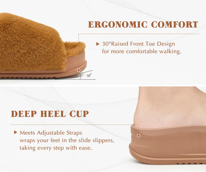 KuaiLu Womens Fuzzy Platform Open Toe Slipper with Arch Support Fluffy Furry Slides Orthotic Faux Fur Sandal Ajustable House Slippers Indoor Outdoor Camel Size 9