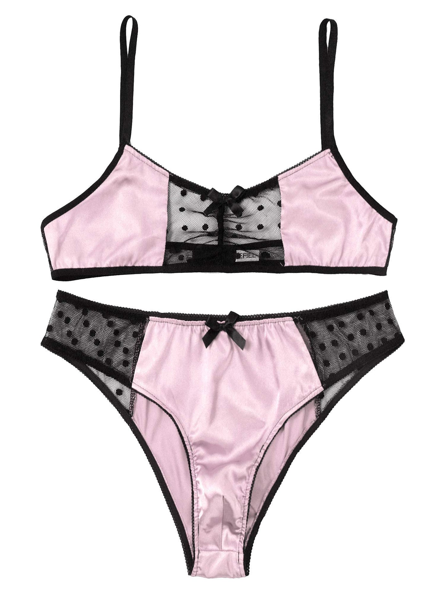 Men's 2Piece Sissy Shiny Satin Cross Dresser Lingerie Set Bra Tops with Girly Panties Pink