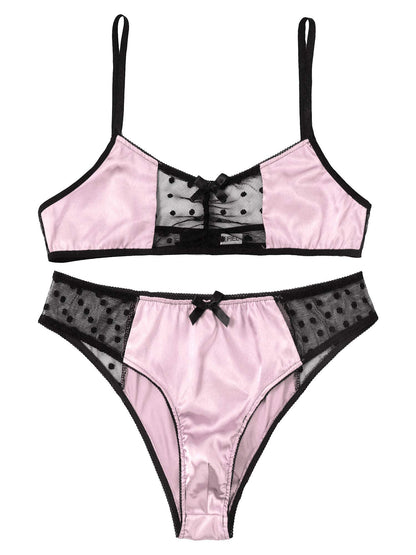 Men's 2Piece Sissy Shiny Satin Cross Dresser Lingerie Set Bra Tops with Girly Panties Pink