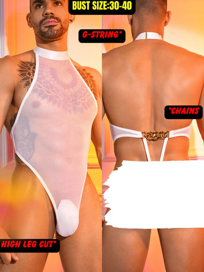 Men Sexy Lingerie, Snap Crotch High Cut Fishnet Bodysuit, Sheer Mesh Sissy Clothes Gay Club, Party Dance Rave Outfits White One Size