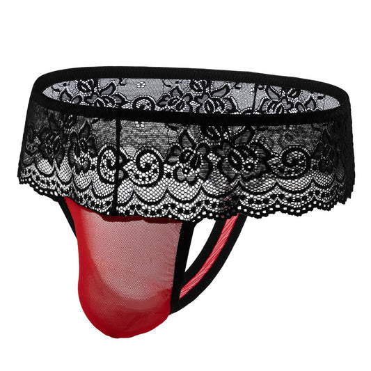ChaoGii Men's Lace Sissy Thong Panties Sheer Mesh lingerie Briefs T-back G-string Underwear Red