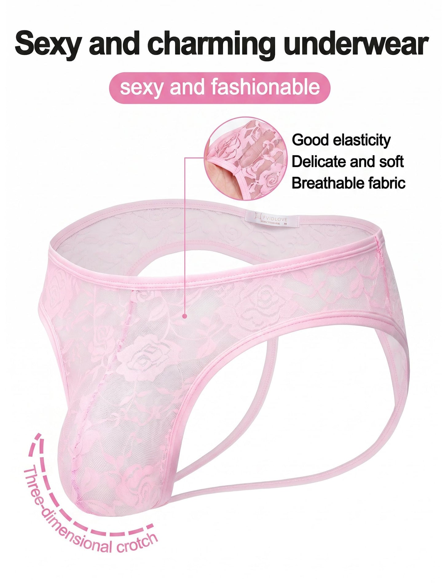 Men's Lace Frilly Sissy Thong Panties Sheer Mesh Bikini Briefs T-back G-string Underwear Pink