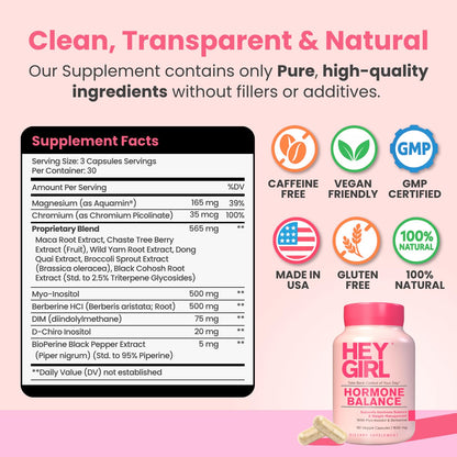 Hey Girl Hormone Balance for Women - DIM, Myo-Inositol & Berberine Supplement for Menopause, Perimenopause, PMS & PCOS Support - Mood, Energy & Cycle Support with Maca & Black Cohosh, 90 Capsules