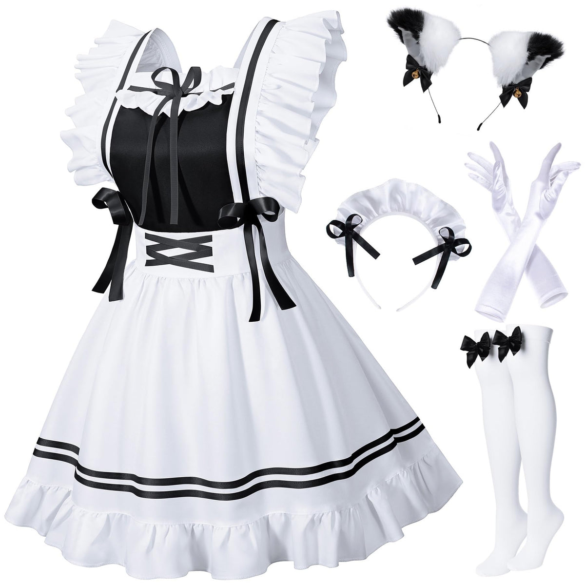Classic French Maid Costume Apron Fancy Dress Cosplay Outfit Headwear Gloves Socks Set(BK S)