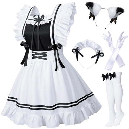 Classic French Maid Costume Apron Fancy Dress Cosplay Outfit Headwear Gloves Socks Set(BK S)