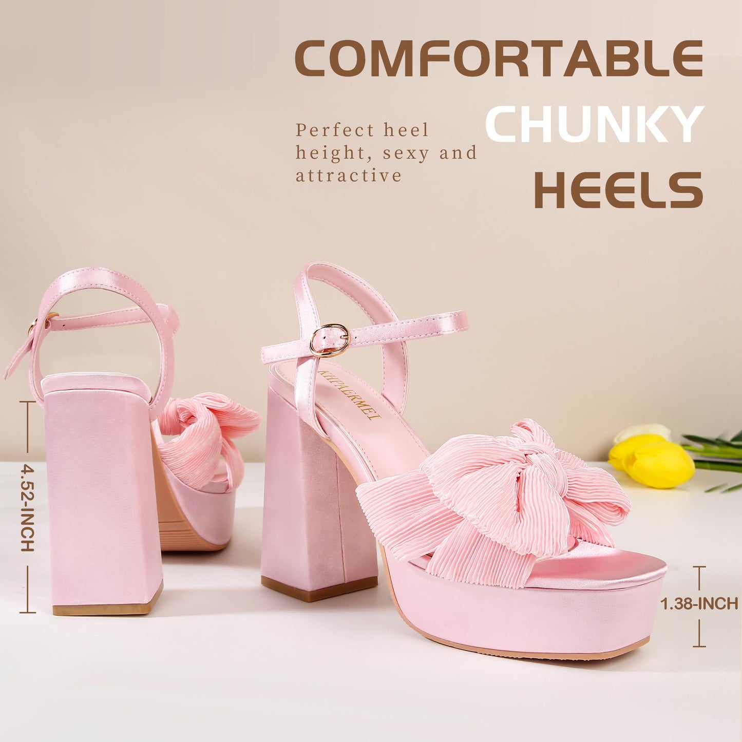 Bow Knot Platform Heels for Women Fashion Open Toe Chunky Heeled Sandals Ankle Strap Wedding Party Dress High Heels