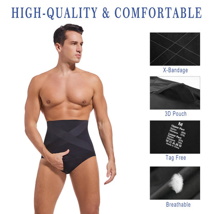 Men's High Waist Compression Shorts - Tummy Control Shapewear, Slimming Underwear Briefs Black
