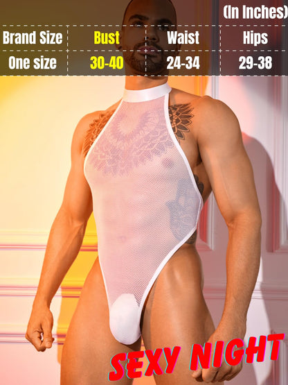 Men Sexy Lingerie, Snap Crotch High Cut Fishnet Bodysuit, Sheer Mesh Sissy Clothes Gay Club, Party Dance Rave Outfits White One Size