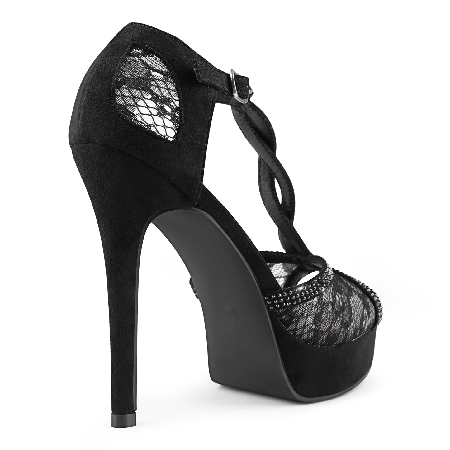 MERUMOTE Women's Peep Toe Platform 5 inch Stiletto Heels Ankle Strap Lace Heels Sexy Prom Shoes Black Suede US7