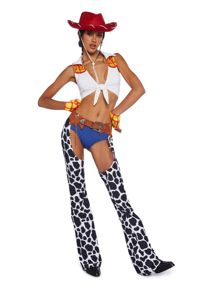 Dolls Kill Round ‘Em Up Cowgirl Doll Costume Set by Trickz N’ Treatz – Women’s Plaid Top with Cow Print Chaps,