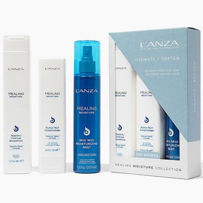 L'ANZA Healing Moisture Trio Hair Kit, Tamanu Cream Shampoo, Kukui Nut Conditioner & Moi Moi Moisturizing Mist Hairspray in a Gift Box, Luxury Hair Care Kit (10.1/8.5/6.8 Fl Oz)