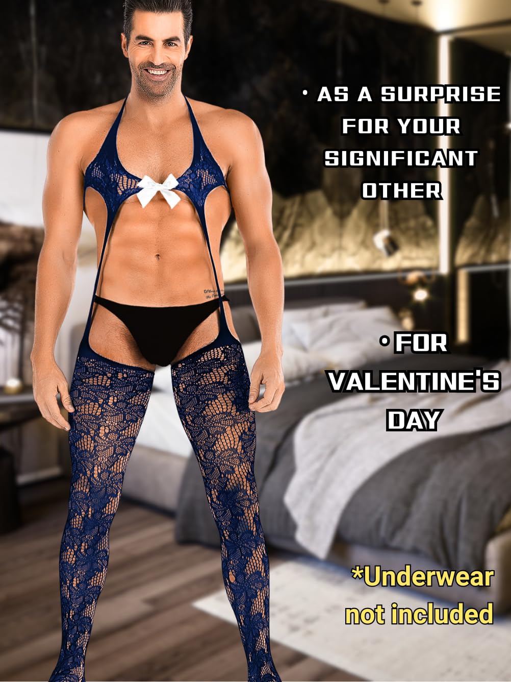 Sexy Valentines Lingerie for Men, Mens Outfit, One Piece Set for Man Male, Party Club Date Night Valentine's,One Size Fits All Navy Blue White Bow