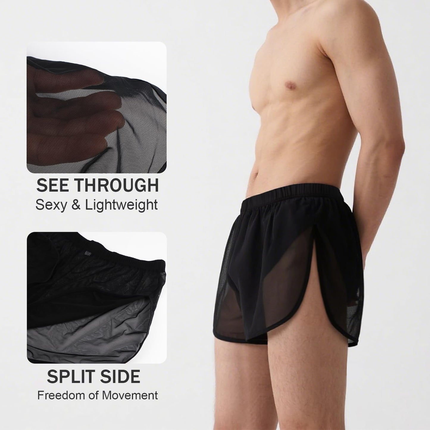 YINYOUYU Mens Sexy Mesh See Through Shorts Underwear Loose Sheer Breathable Boxers Short M Black