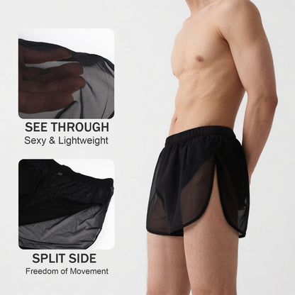 YINYOUYU Mens Sexy Mesh See Through Shorts Underwear Loose Sheer Breathable Boxers Short M Black