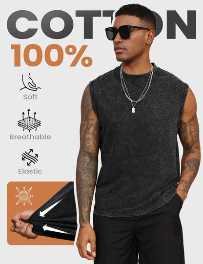 Yimoon Sleeveless Shirts for Men Workout Tank Tops Cotton Acid Wash Muscle Shirts Baggy Gym Tees(BlackKhakiBeigeArmy-XL)