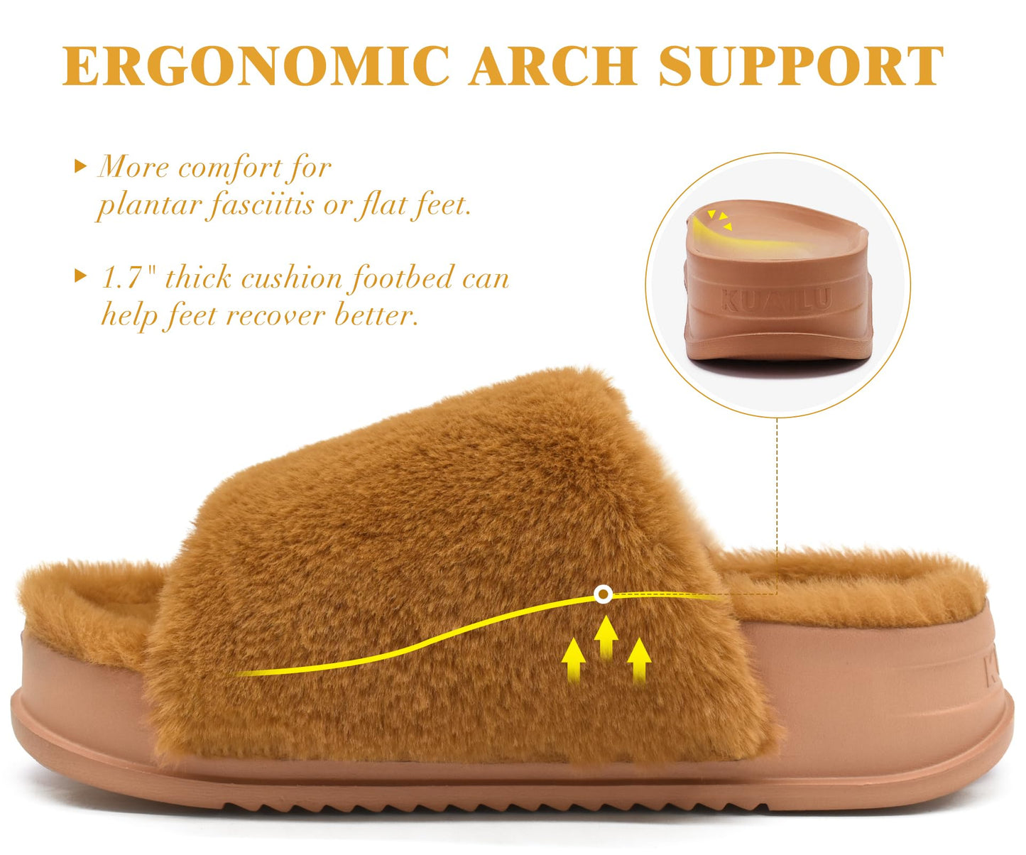 KuaiLu Womens Fuzzy Platform Open Toe Slipper with Arch Support Fluffy Furry Slides Orthotic Faux Fur Sandal Ajustable House Slippers Indoor Outdoor Camel Size 9