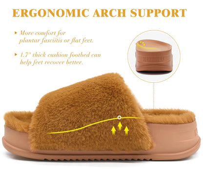 KuaiLu Womens Fuzzy Platform Open Toe Slipper with Arch Support Fluffy Furry Slides Orthotic Faux Fur Sandal Ajustable House Slippers Indoor Outdoor Camel Size 9