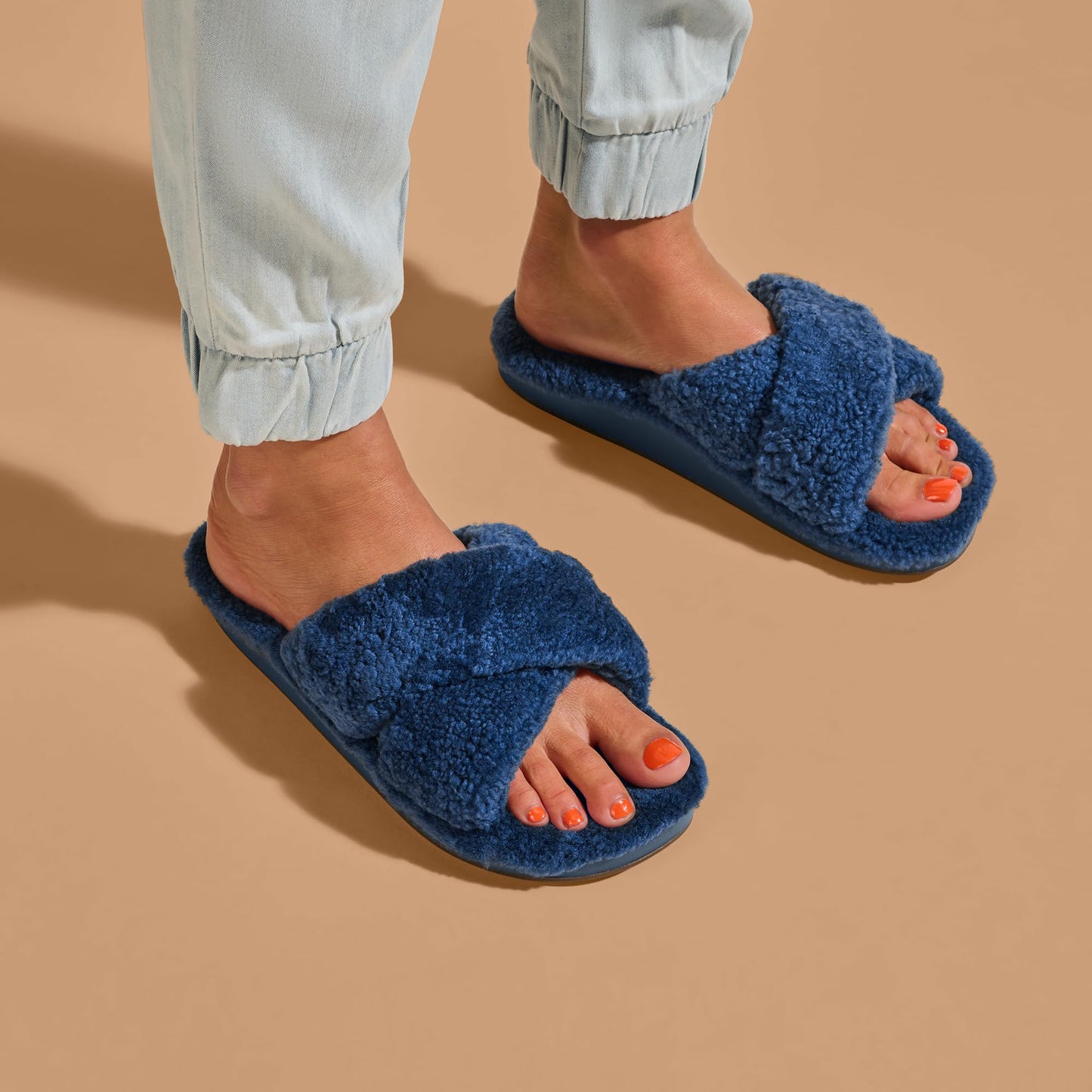 OLUKAI Hila Heu Women's Slipper, Women's Slip-On Shoes, Genuine Shearling, Wet Grip Soles for Inside & Outside Wear, Cute & Ultra-Soft Comfort Fit, Moonlit Ocean/Moonlit Ocean, 8