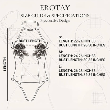 Sheer Mesh Halter Teddy Lingerie with Rose Applique, Black Bodysuit, One Piece Intimate Apparel (Large)