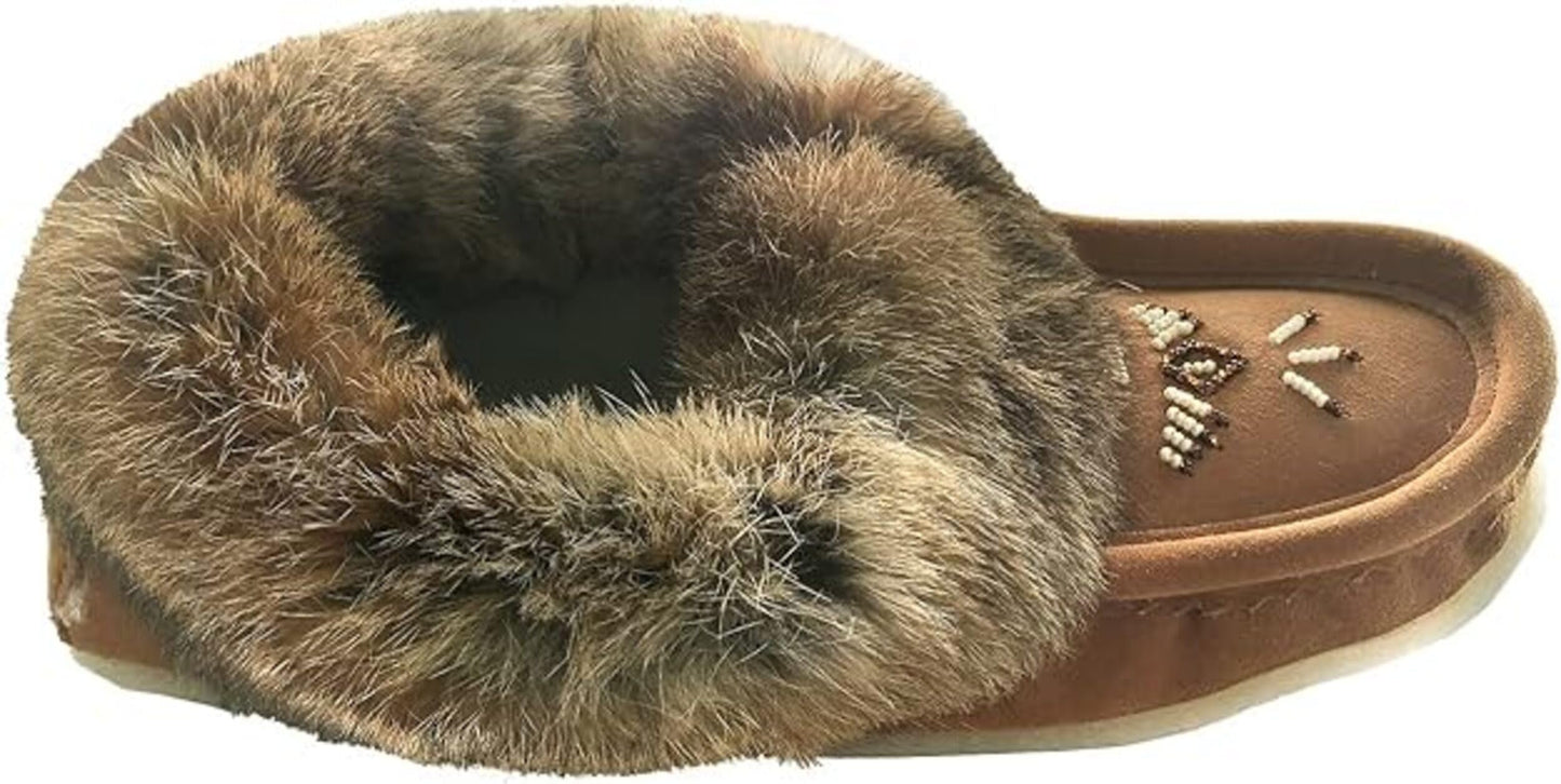 Laurentian Chief Women's Suede Slippers with Rabbit Fur Collar Moccasins