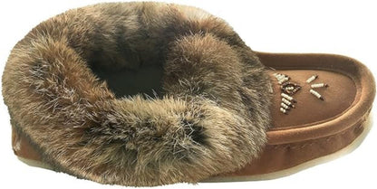 Laurentian Chief Women's Suede Slippers with Rabbit Fur Collar Moccasins