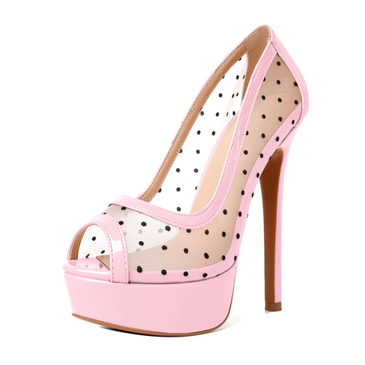 AUMOTED Women's Platform Stiletto Heels Peep Toe High Heel Shoes Slip-on Mesh Polka Dot Heels Party Wedding Dress Pumps 5.5" Patent Leather Pink US Size 7