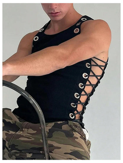 GORGLITTER Men's Grommet Cropped T Shirt Y2K Going Out Lace Up Crew Neck Sleeveless Shirts Party Club Tank Tops Black Large
