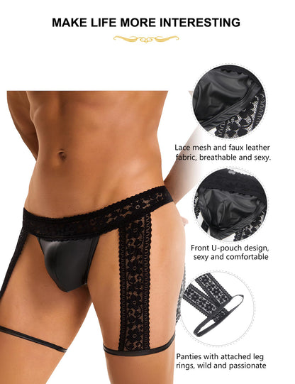 Men's Sexy Thong with Lace & Faux Leather Leg Straps - U-Pouch Thong Underwear for Men Fits S