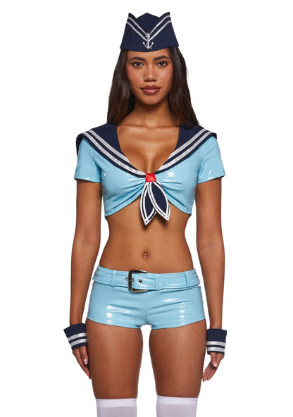 Dolls Kill Alt Sailor Girl Costume by Trickz N’ Treatz – Women’s Vinyl Crop Top, Shorts, Hat & Cuffs Set, Blue, X-Small