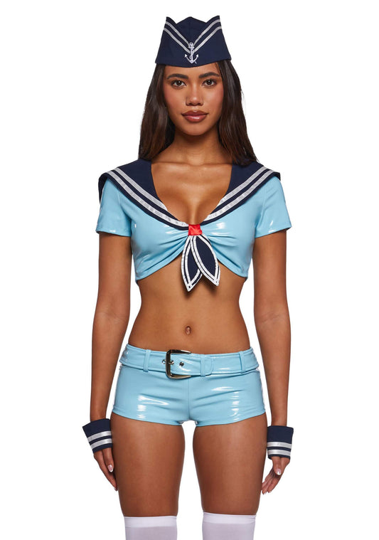 Dolls Kill Alt Sailor Girl Costume by Trickz N’ Treatz – Women’s Vinyl Crop Top, Shorts, Hat & Cuffs Set, Blue, X-Small
