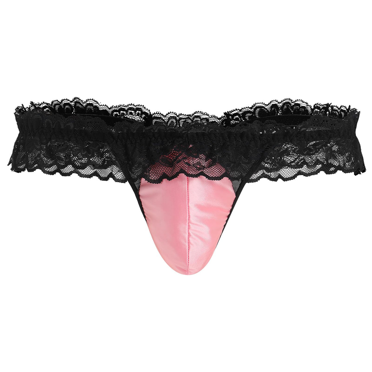 Men's Lace Ruffle Thong Low Rise G-string Smooth Pouch Pink