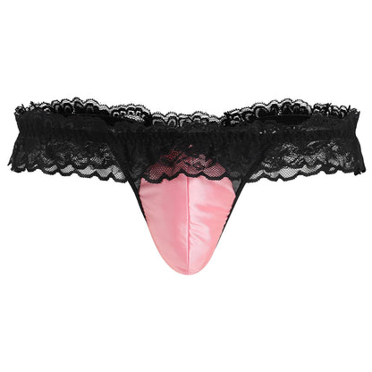 Men's Lace Ruffle Thong Low Rise G-string Smooth Pouch Pink