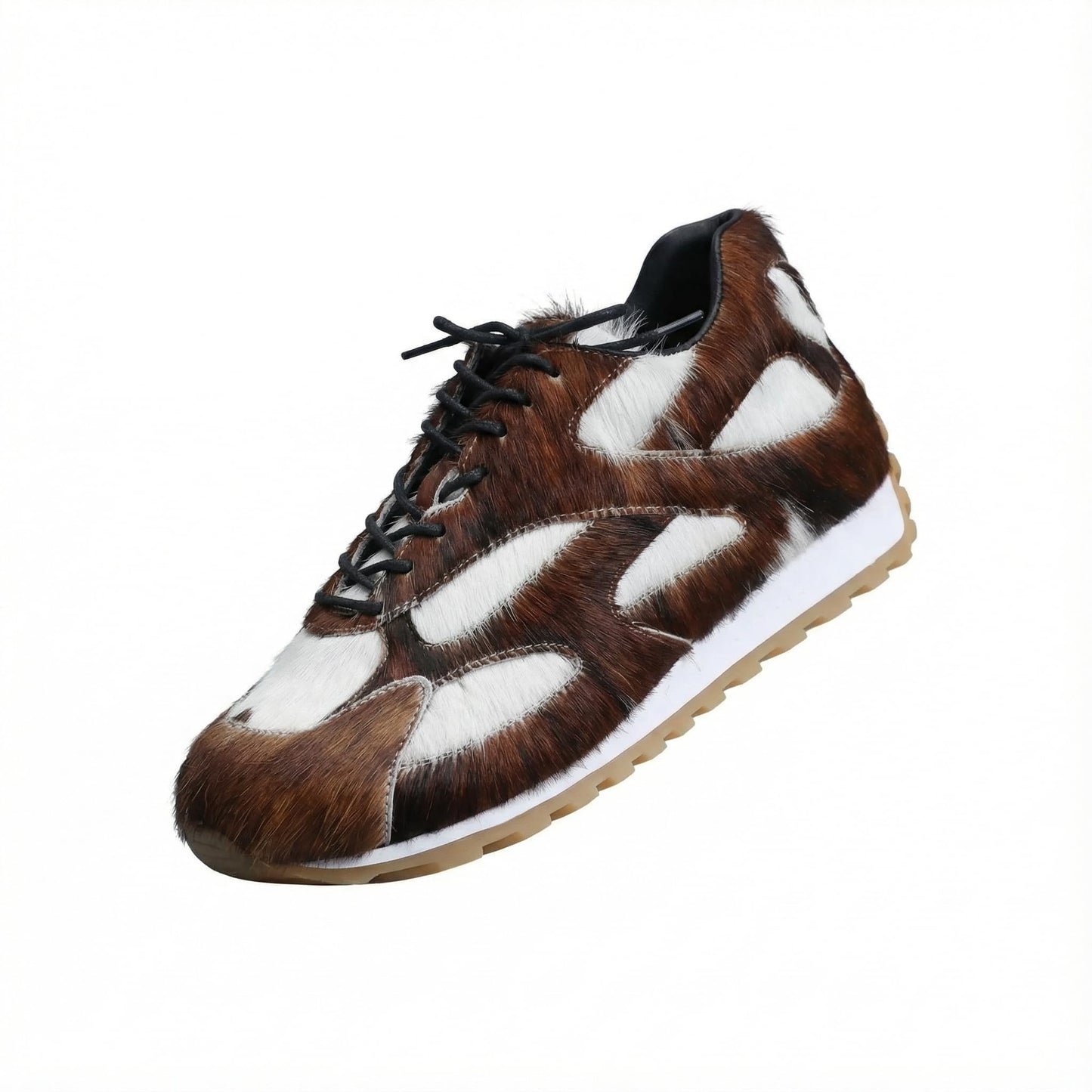 Women's Genuine Cow Hair Sneakers Natural Fur Chunky Calf Hair Dad Shoes Western Y2K Platform Casual Walking Cowhide Shoes Retro Thick Sole Cushioned Trainers Brown White