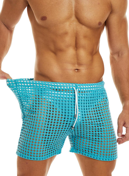 MIZOK Men's Hollow Openwork Short Sexy Fishnet See Through Boxer Shorts Lounge Swim Cover Blue L