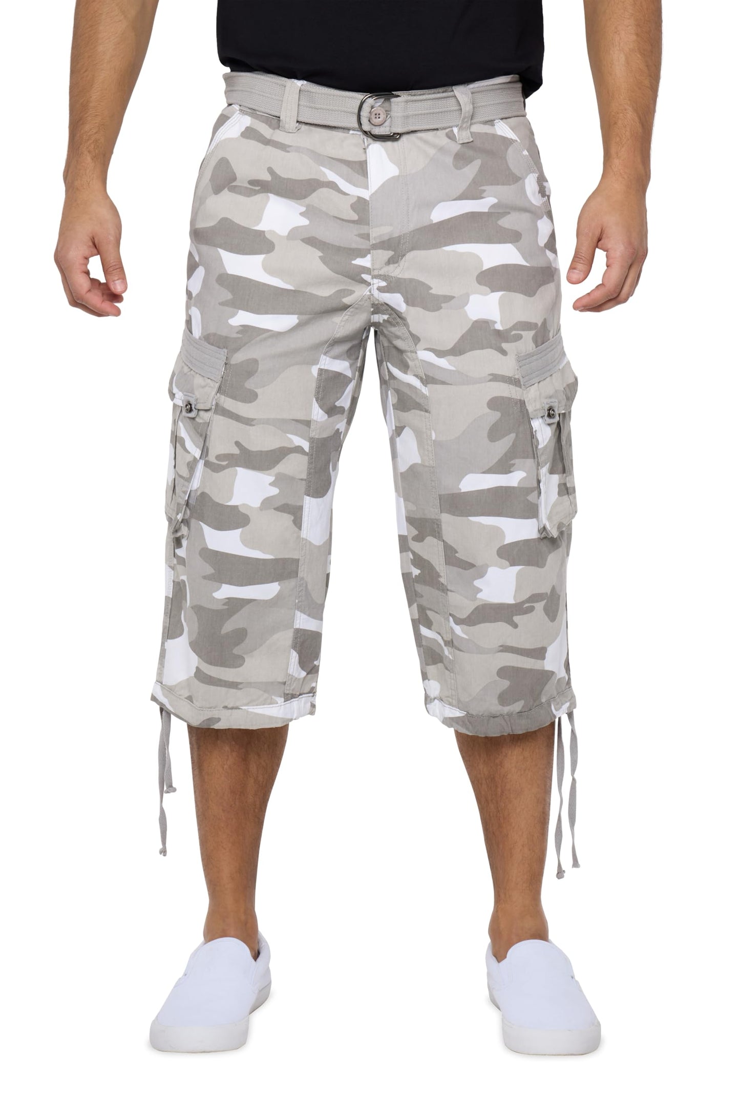 X RAY Men's Belted Long Cargo Shorts for Men, Below Knee Length Mens Cargo Shorts, 3/4 Pants (Big and Tall Shorts for Men) White CAMO 38