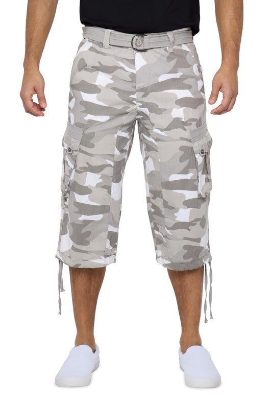 X RAY Men's Belted Long Cargo Shorts for Men, Below Knee Length Mens Cargo Shorts, 3/4 Pants (Big and Tall Shorts for Men) White CAMO 38