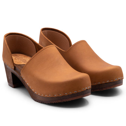 Sandgrens Handmade Swedish High Heel Wood Closed-Back Clogs for Women, US 8-8.5 | Brett Dexter Tan Nubuck DK, EU 39
