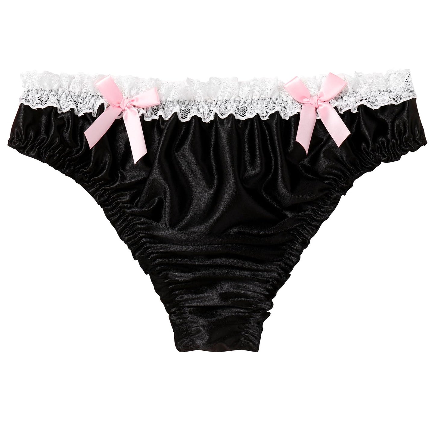 Men's Satin Frilly Lace Trim Sissy Bowknot Thong Panties Elastic Waist G-string Briefs Underwear Black X-Large