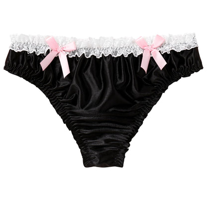 Men's Satin Frilly Lace Trim Sissy Bowknot Thong Panties Elastic Waist G-string Briefs Underwear Black X-Large
