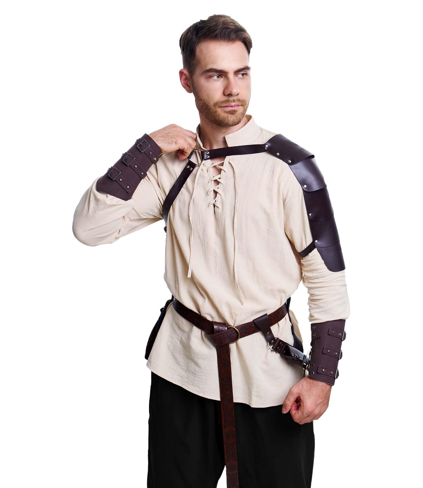 8 Pcs Men's Renaissance Costume Halloween Medieval Pirate Shirt Pant Viking Costume Accessories Set (Classic Color, Large)