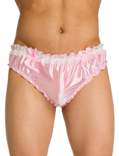 Men's Satin Thong Sissy Panties,Silky Crossdresser Lingerie Lace Bowknot Femboy Underwear