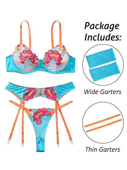 Sexy Lingerie Set 3 Piece Women Outfit Bra and Panty Flower Blue M