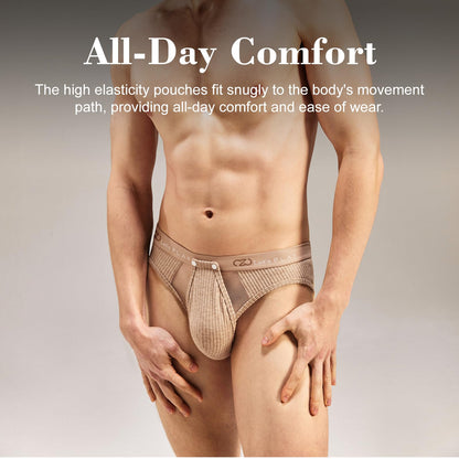 BSZN Men's Thick Ribbed Sexy Briefs, Khaki Mid Low Rise Snap Open Sexy Men Underwear, Cutout Back Men Sexy Lingerie with Sheer Mesh Pouch Soft High Stretch Sexy Undergarment