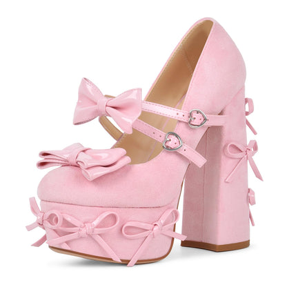 Crossdresser- Sissy - Platform Block Heel Pumps Bowknots Studded Mary Jane Shoes with Heart Buckle Straps Round Toe Cute Lolita Chunky High Heels Faux Suede Dress Pump for Party Cosplay Pink Size 12