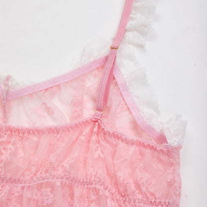 Men‘s Sheer Lace Camisole Floral See Through Cami Top Sleeveless Mesh Shirt for Crossdressing Party Pink Large
