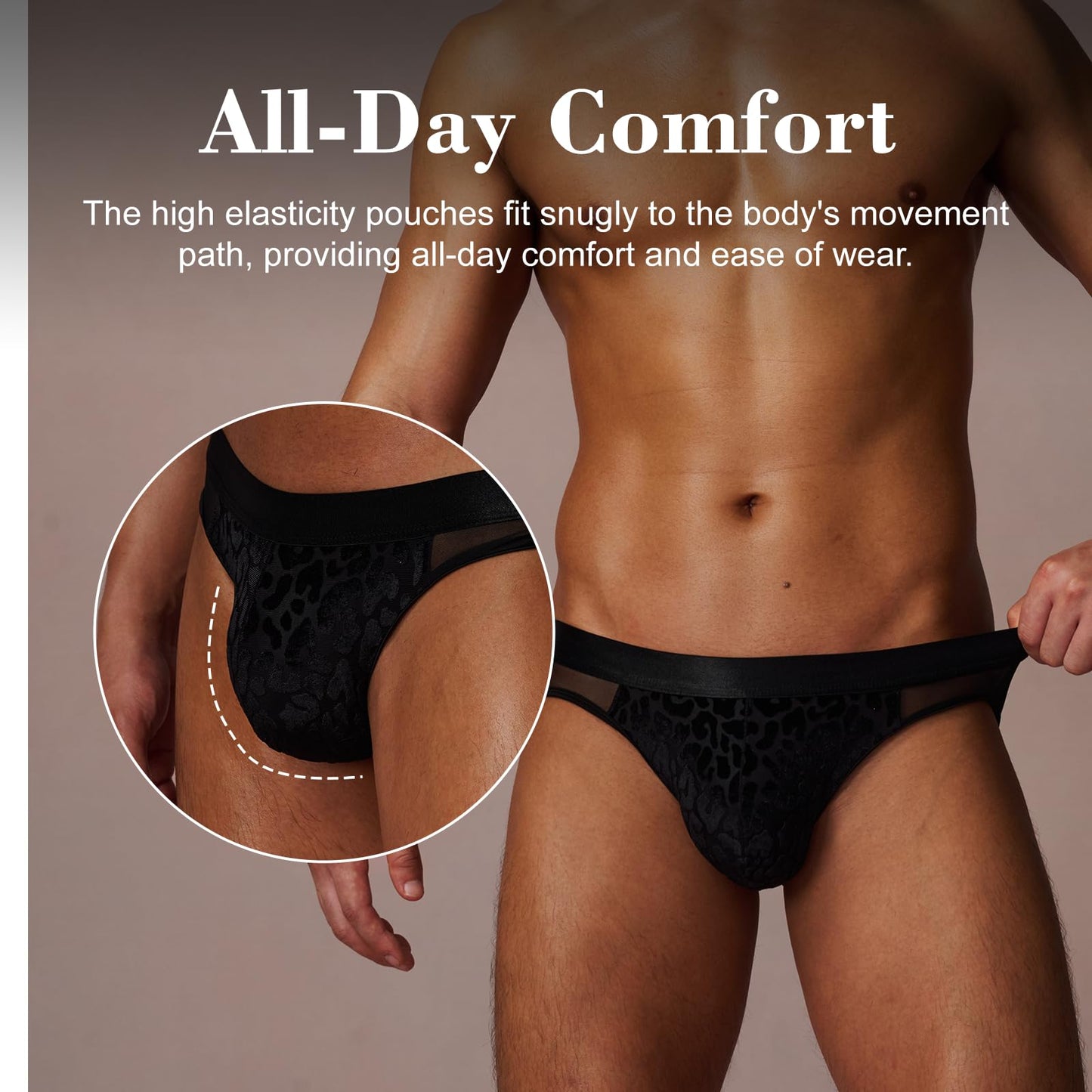 BSZN Men's Leopard Print Briefs, Black Velvet Flocked Mesh Underwear, Low Rise Slim Fit Sheer Briefs from Caged Beast Collection