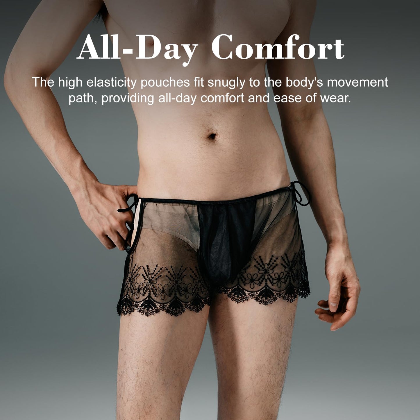 BSZN Men's Sexy Boxer Shorts, Black Floral Lace Embroidery Side Tie Adjustable Waist Sheer Mesh Contoured Pouch Ultra Thin Sexy Lingerie